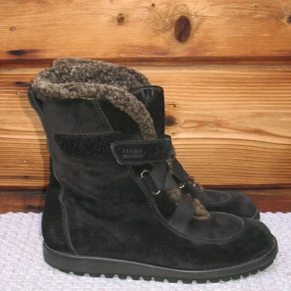 Stuart Weitzman Black Suede Shearling Fur Lined Combat Boots